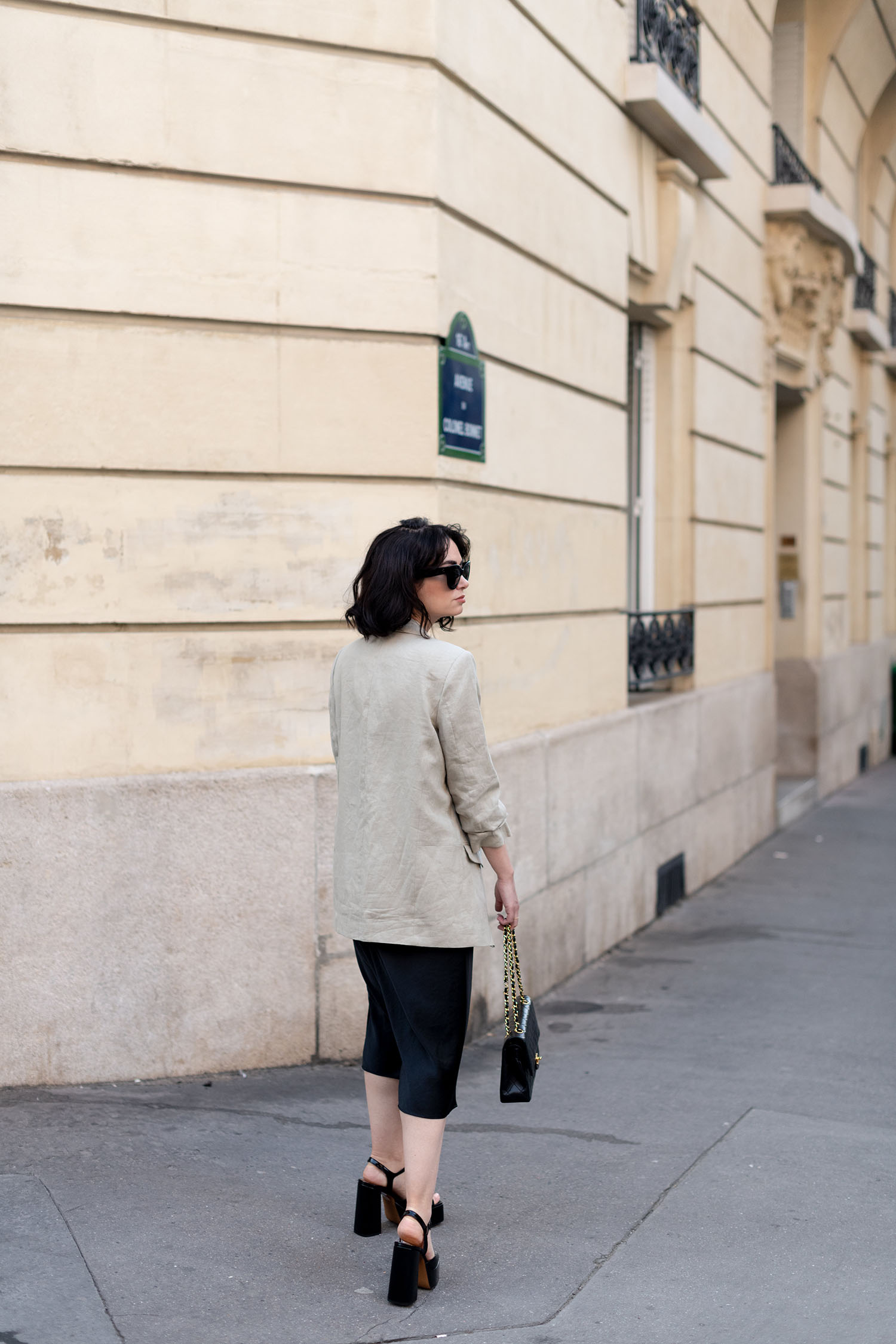 Coco & Voltaire - Chanel double flap handbag, Jonak platform sandals, Wilfred Only dress