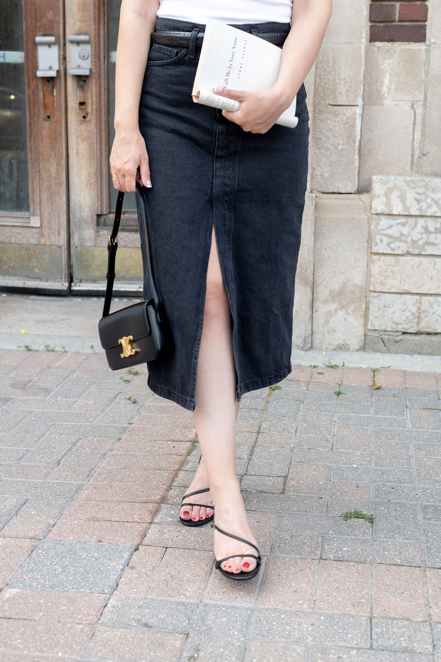Coco & Voltaire - Celine Triomphe handbag, Zara sandals, Mango denim skirt