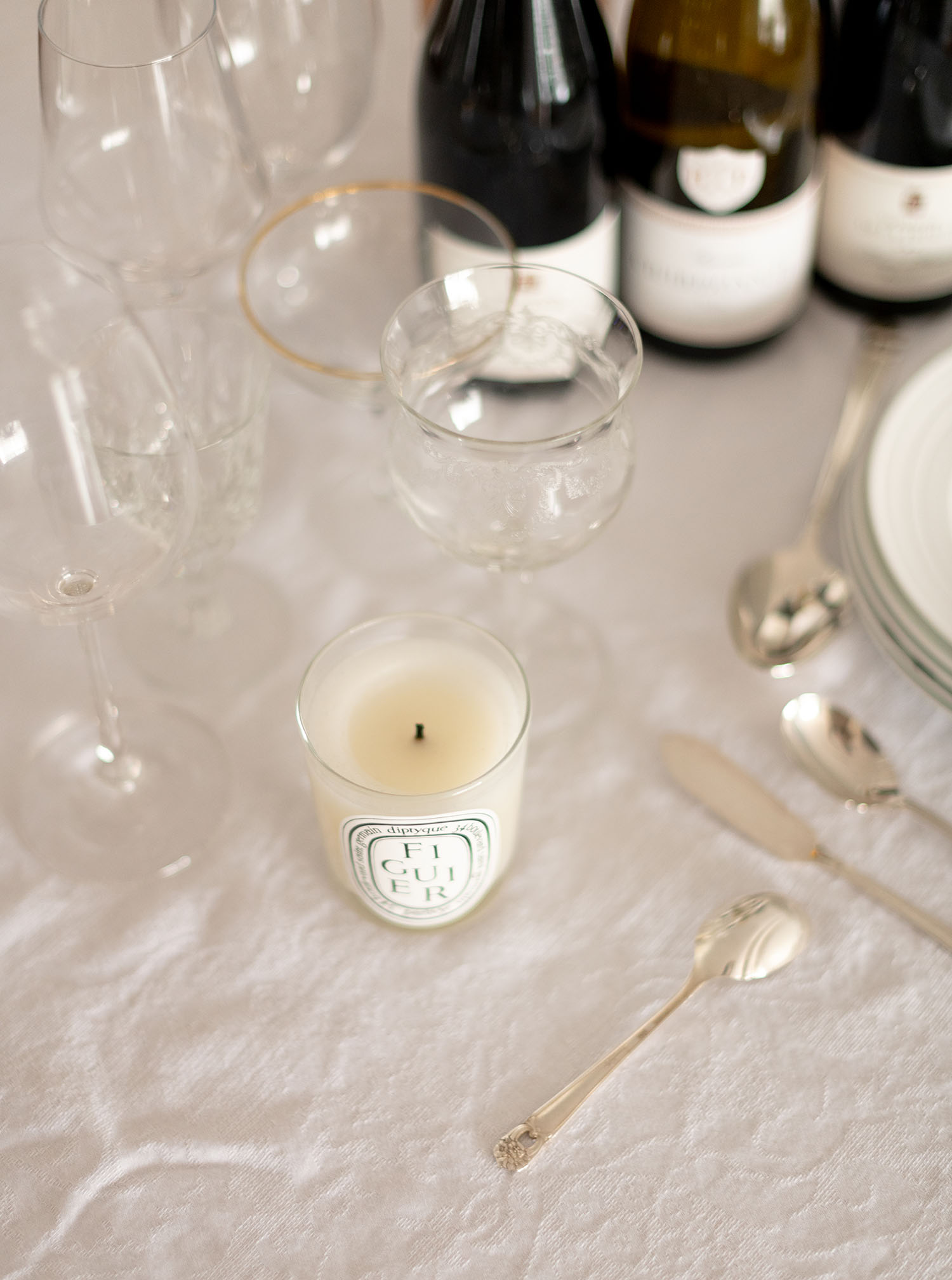 Coco & Voltaire - Diptyque Figuier candle, Vintage crystal glassware