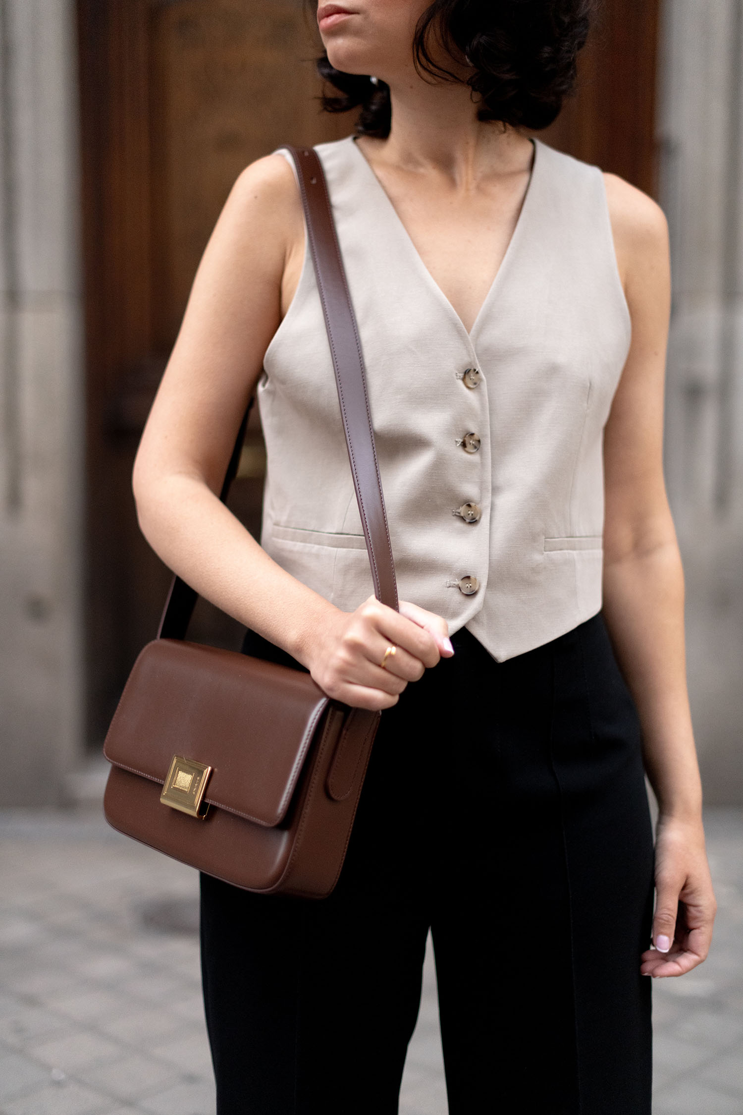 Coco & Voltaire - Zara vest, A. Cloud Official book bag, Zara trousers