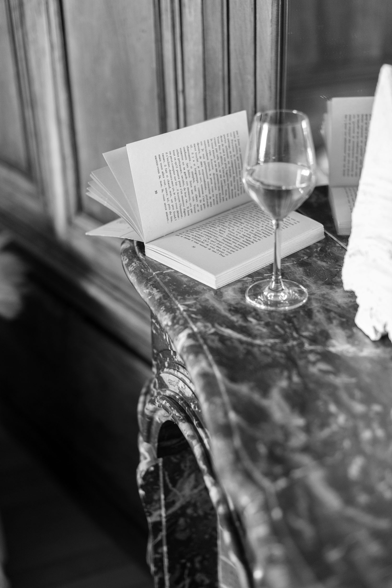 Coco & Voltaire - Editions Gallimard novel on a marble fireplace mantle next to a glass of wine