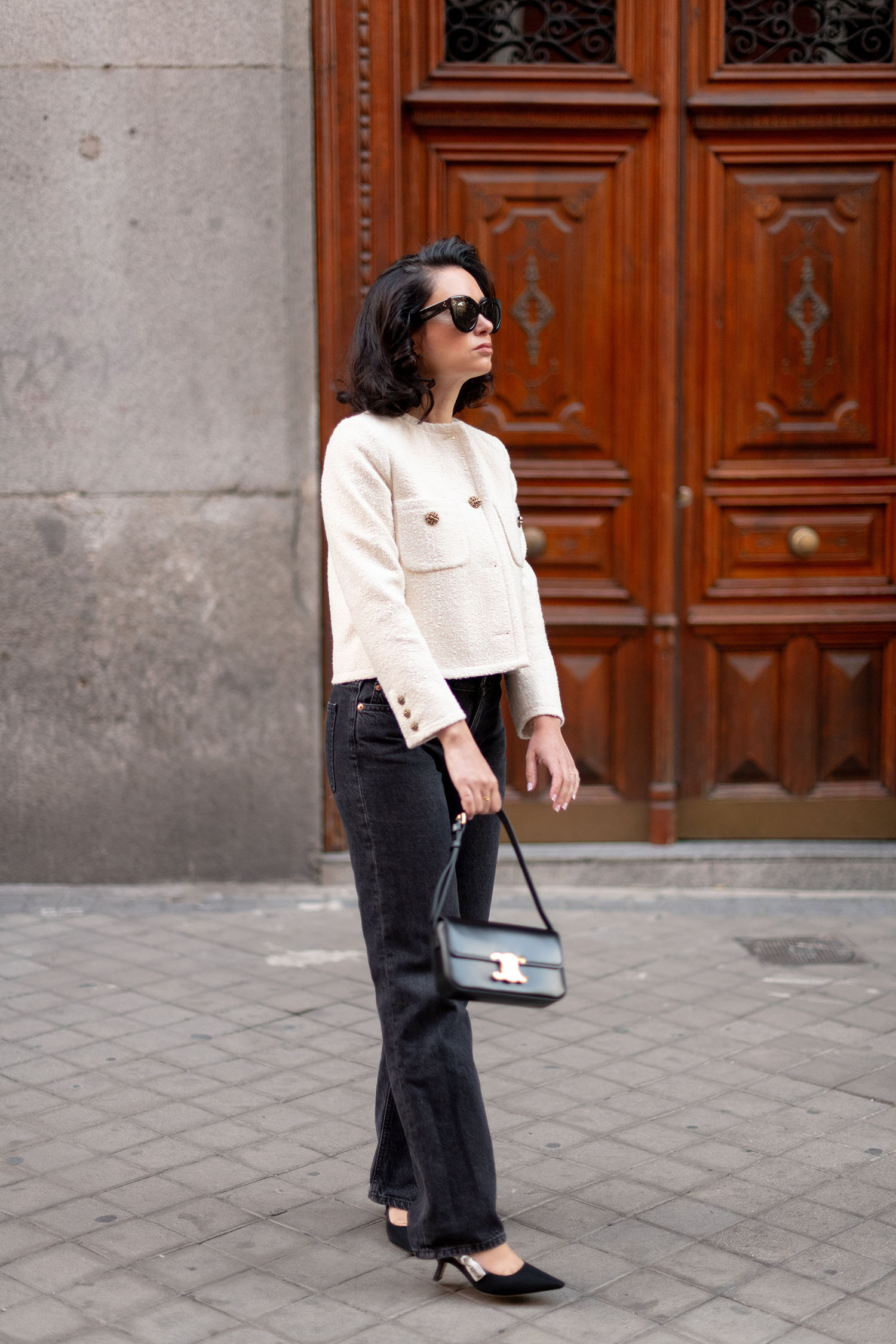 Coco & Voltaire - Celine Triomphe handbag, H&M straight low jeans, Dior kitten heel pumps