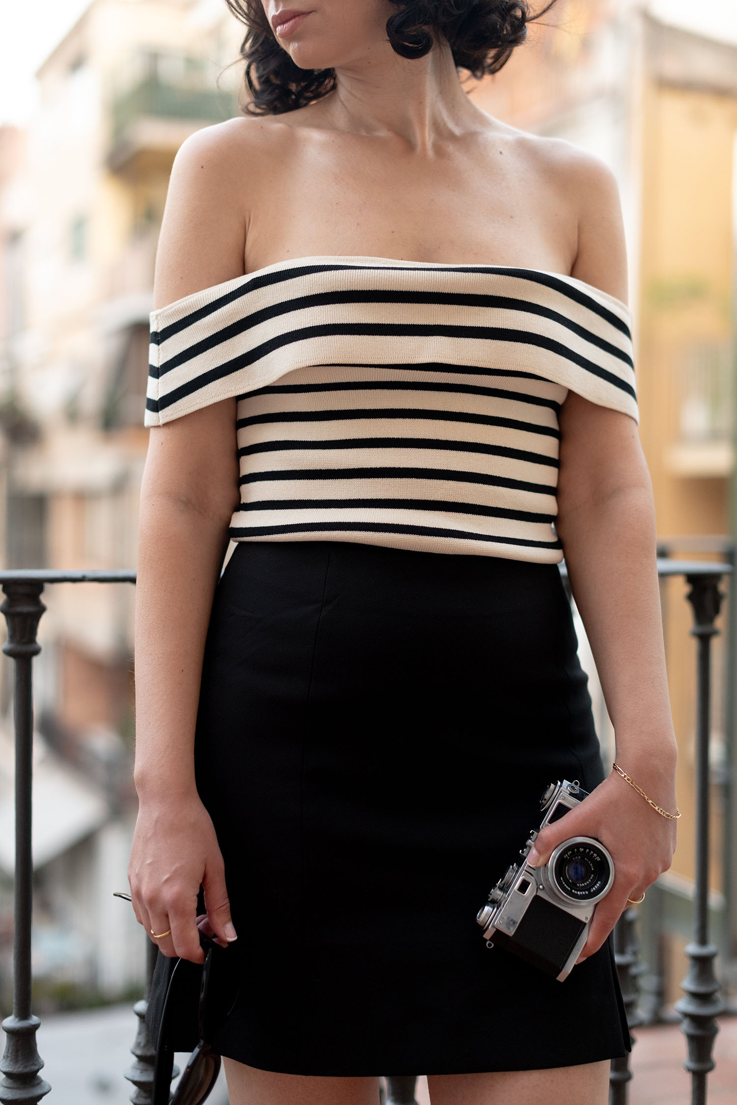Coco & Voltaire - Zara striped top, & Other Stories skirt, Vintage Nikon camera