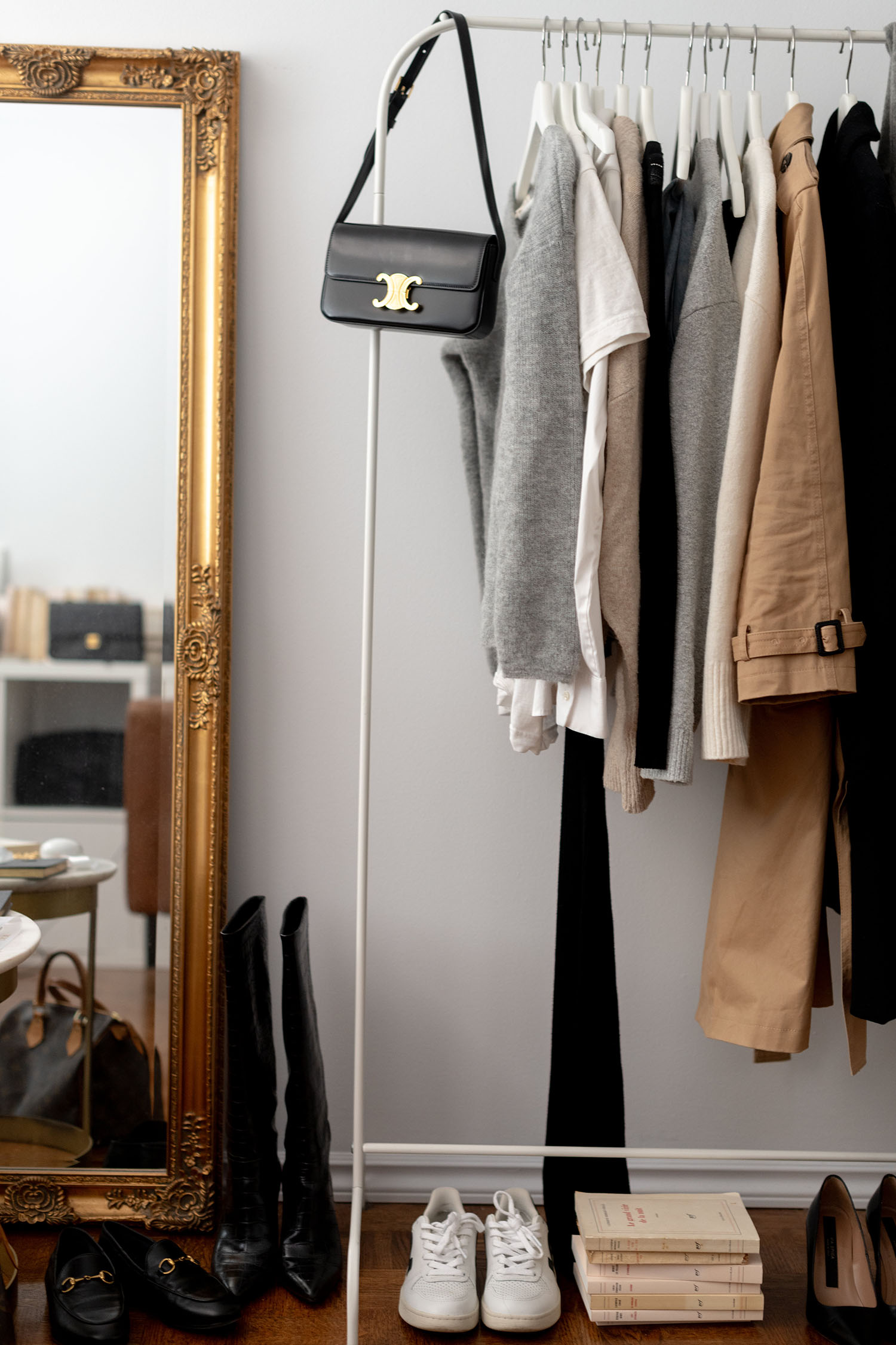 Coco & Voltaire - Celine Triomphe handbag, Vejas sneakers, Louis Vuitton Speedy handbag